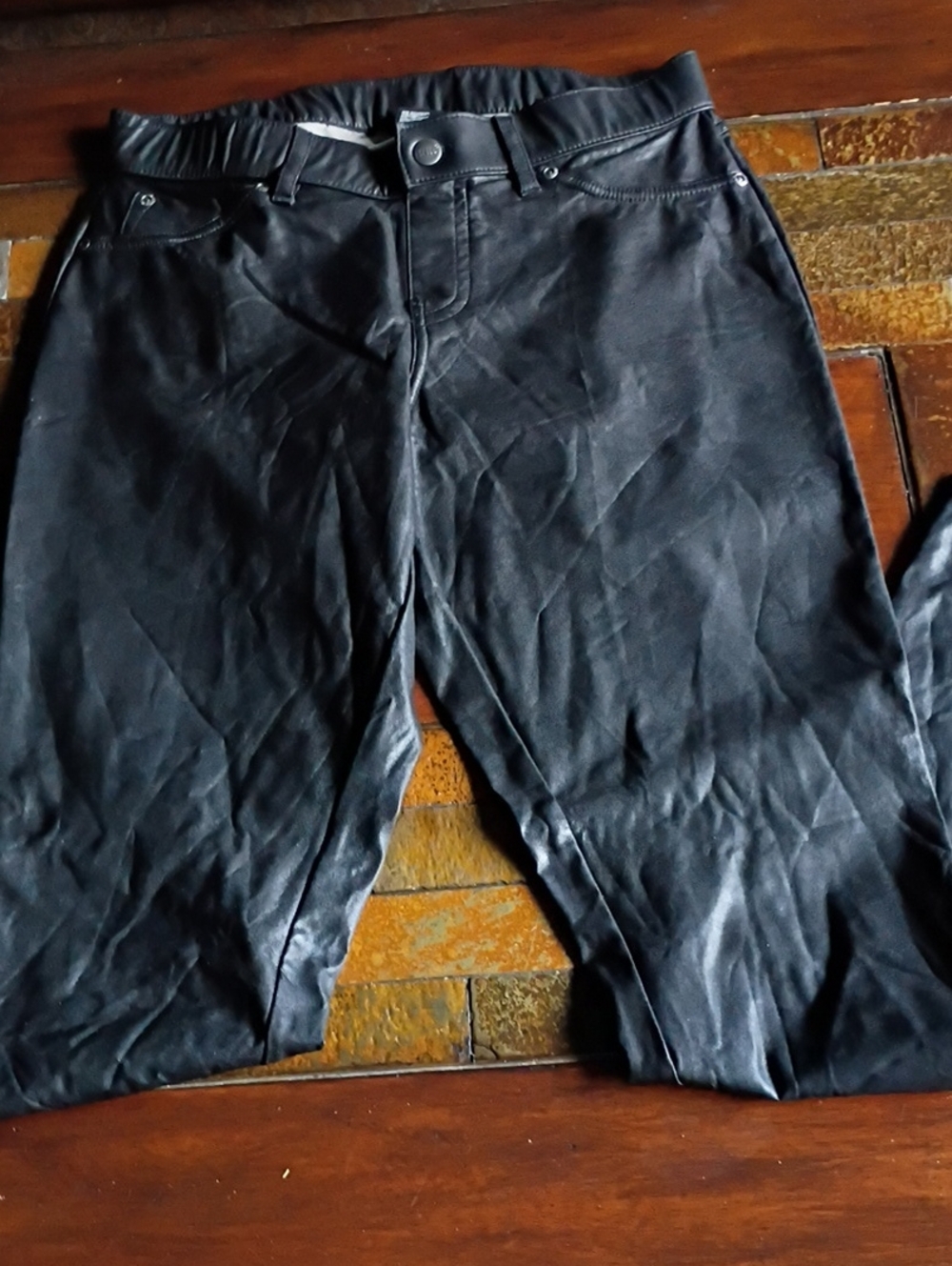 HUE Black Faux Leather Chinos